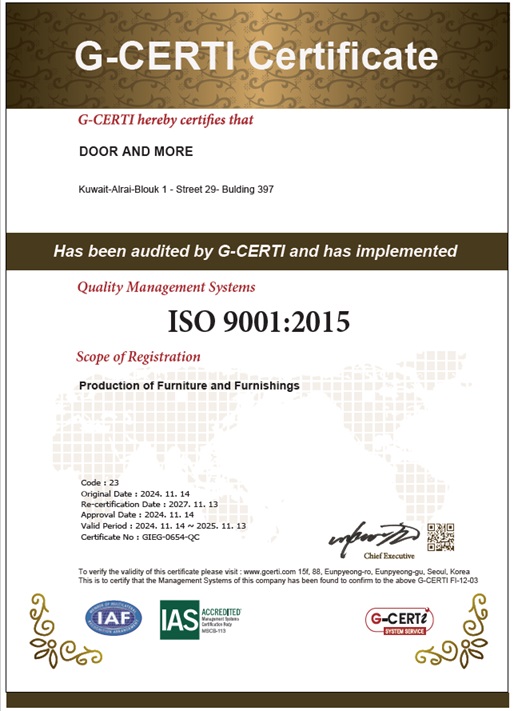 Official ISO 9001:2015 Certificate awarded to Door and More, highlighting its commitment to international quality standards in custom furniture manufacturing